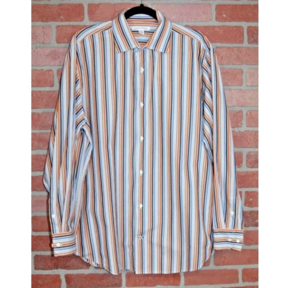 Orange & Blue Striped Button Up Shirt Size Large - Picture 1 of 5